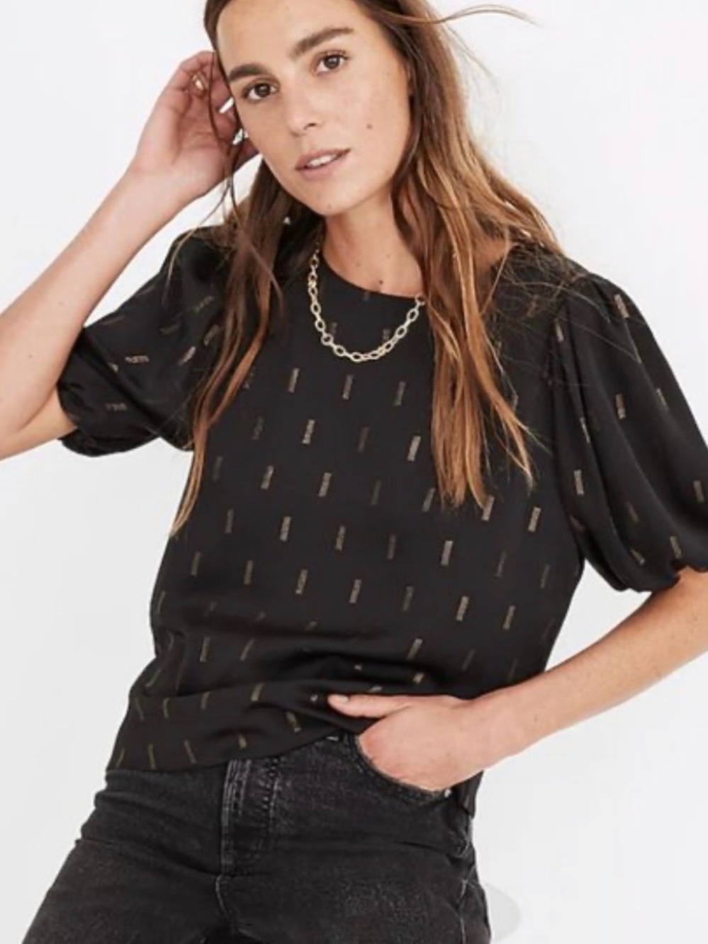 Madewell Black Blouse with Gold Pattern Details